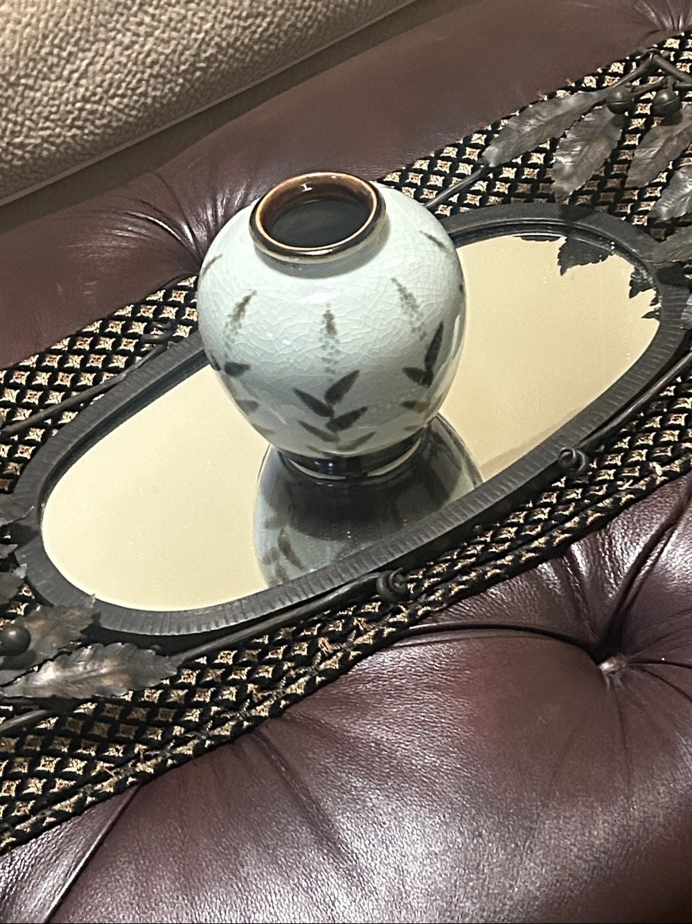 Ceramic Bud Vase with Olive Leaf Motif - White and Olive - Picture 5 of 6